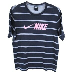 Nike Striped Short Sleeve Black Pink‎ Swoosh Logo T-Shirt Men's Large